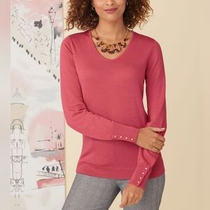⭐ NEW Talbots Pink Soft Merino Wool V-Neck Button Cuff Long Sleeve Sweater #1123